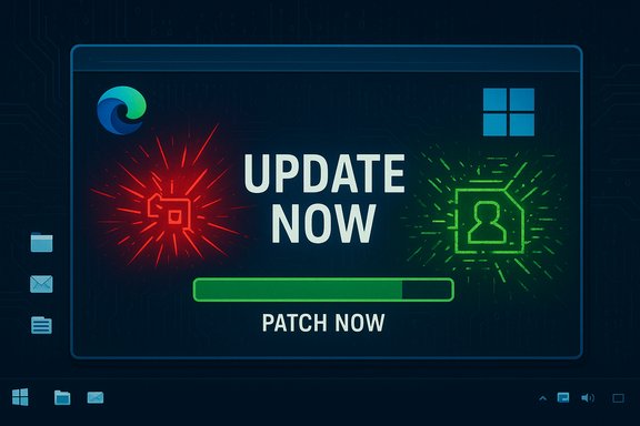 Futuristic update window showing 'UPDATE NOW' with a green progress bar and 'PATCH NOW'.