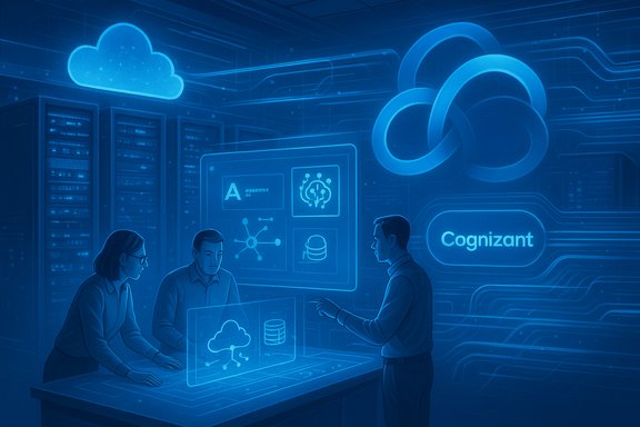 Experts discuss cloud architecture at an interactive table in a Cognizant data center.