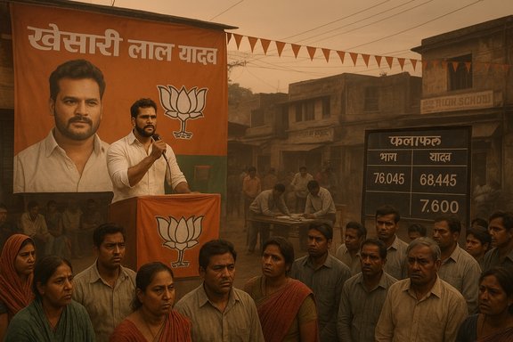 Speaker at a BJP rally under a Khesari Lal Yadav banner, with a dusty crowd.