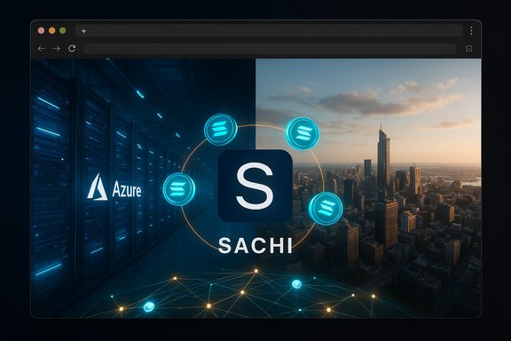 SACHI logo at center with Azure data centers and a glowing network linking to a city skyline.