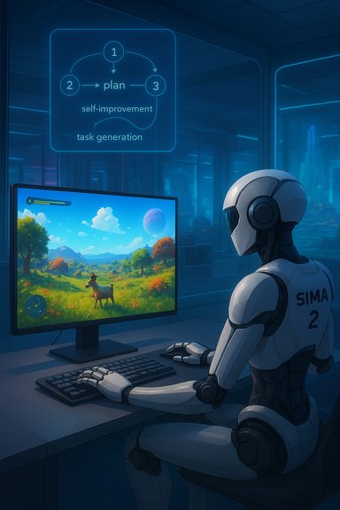 SIMA 2 humanoid robot at a desk plays a landscape game on a monitor beneath a glowing plan diagram.