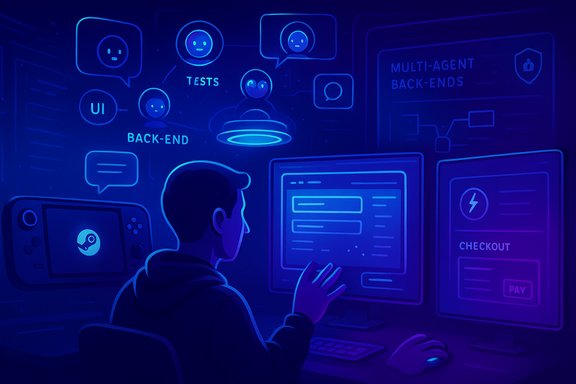 A coder in a hoodie sits before neon-blue screens showing back-end, UI, and checkout interfaces.