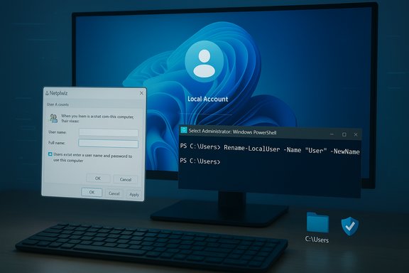 Windows desktop showing Local Account login, Netplwiz prompt, and a PowerShell command to rename a user.