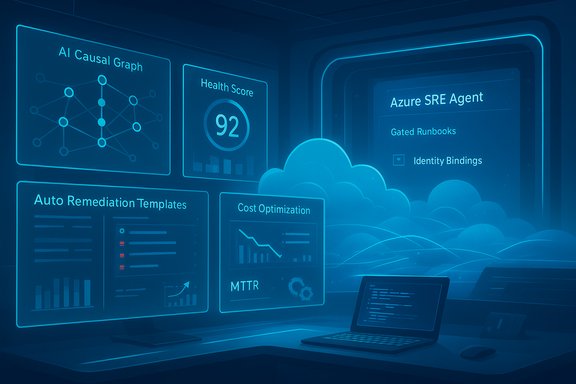 Neon blue dashboard showing AI graphs, health score, and Azure SRE Agent panels. Neon blue dashboard showing AI graphs, health score, and Azure SRE Agent panels.