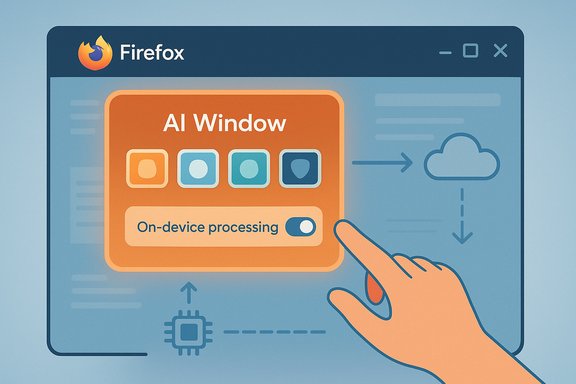 Firefox UI showing an AI Window card with on-device processing toggle.