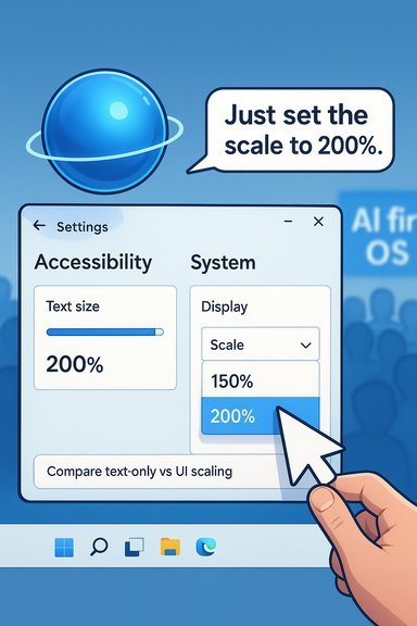 A UI showing accessibility settings with a 200% scale option selected.