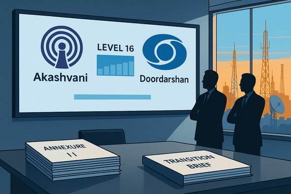Two silhouetted executives watch a Level 16 presentation featuring Akashvani and Doordarshan logos.
