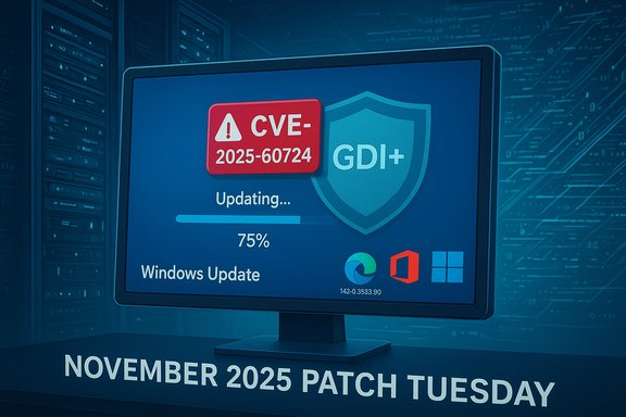 Monitor shows Windows Update progress (75%) for CVE-2025-60724 GDI+ patch on November 2025 Patch Tuesday. Monitor shows Windows Update progress (75%) for CVE-2025-60724 GDI+ patch on November 2025 Patch Tuesday.