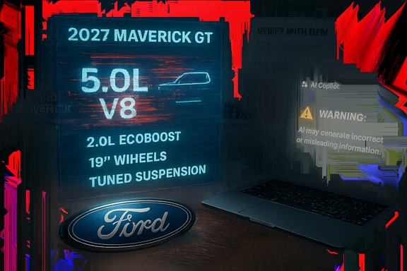 Neon-blue Ford Maverick GT sign listing 5.0L V8, 2.0L EcoBoost, 19-inch wheels and tuned suspension beside a laptop. Neon-blue Ford Maverick GT sign listing 5.0L V8, 2.0L EcoBoost, 19-inch wheels and tuned suspension beside a laptop.