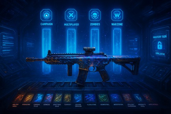 A futuristic rifle on a neon blue holographic interface displaying game modes.