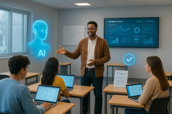 Presenter explains AI concepts to students in a classroom, with a glowing holographic AI figure nearby.