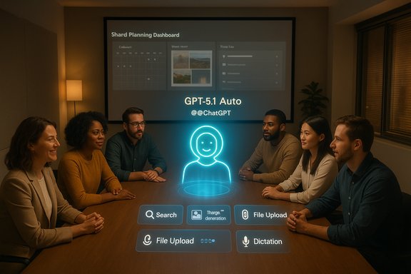 A diverse group in a conference room watches a glowing holographic AI assistant during a GPT presentation.