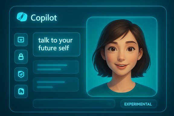 Futuristic UI panel featuring a smiling avatar and the text talk to your future self.