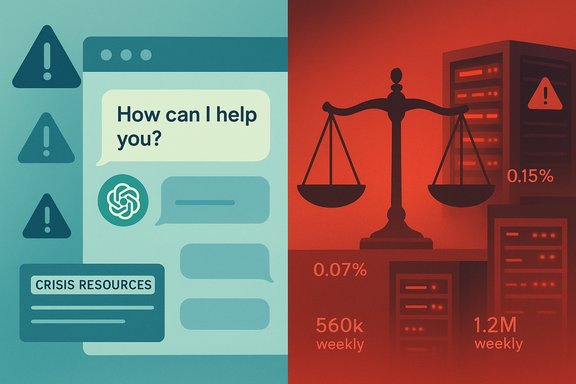 Split scene: crisis resources chat on teal left, scales of justice with stats on red right.
