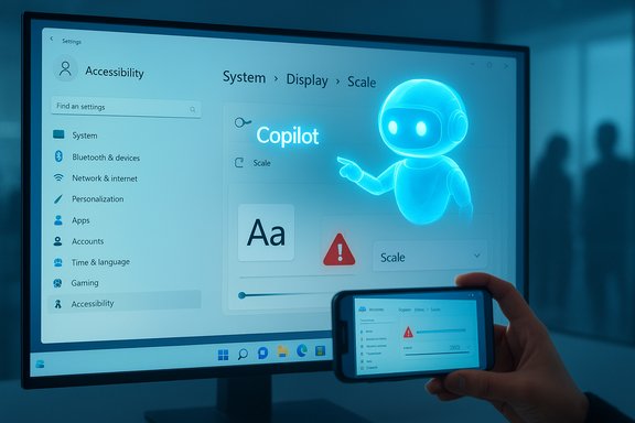Windows settings UI shows Scale under Copilot with a glowing blue robot, reflected on a handheld screen.