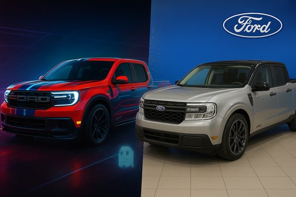 Two Ford pickup trucks on display in a showroom, one red with racing stripes and one silver, under the Ford logo.