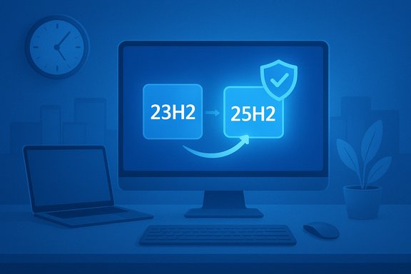 Monitor displays a software update from 23H2 to 25H2, with a shield icon.