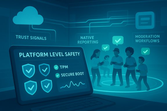 Infographic showing platform-level safety with shields, trust signals, and a group of users.
