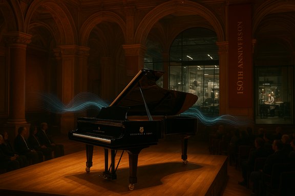 A grand piano on a lit stage in a dim, arched hall, with flowing blue light trails around it.