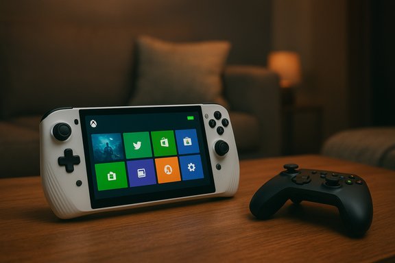 White handheld gaming console on a wooden table with a black controller in a cozy living room.