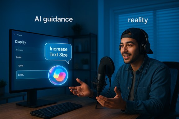 Podcast host with headphones speaks into a mic as AI guidance appears on the monitor.