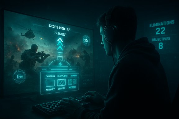 Gamer wearing headphones plays a neon-blue, holographic military shooter on a large screen.