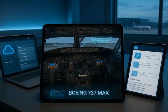 Boeing 737 MAX cockpit displayed on a tablet with a flight control check HUD.