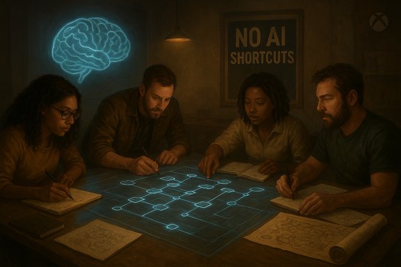 Four people study a glowing blue holographic blueprint, with a brain hologram on the wall and a “NO AI SHORTCUTS” sign.