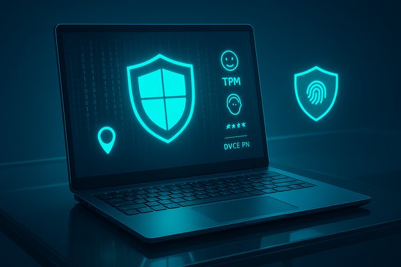 A laptop glows with neon cybersecurity icons, including a shield and fingerprint motif.