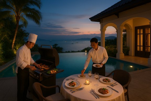 Two chefs grill and serve a poolside, candlelit, ocean-view dinner at dusk.