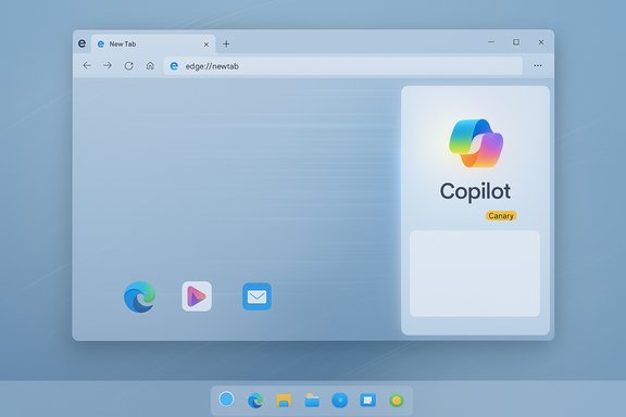 Blue-themed browser window with a Copilot Canary panel displayed on the right. Blue-themed browser window with a Copilot Canary panel displayed on the right.