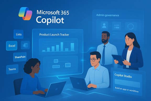 Microsoft 365 Copilot branding with a team analyzing dashboards and lists.