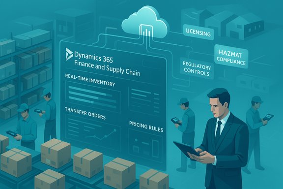 Warehouse workers use tablets as a cloud-based Dynamics 365 Finance & Supply Chain dashboard monitors real-time inventory.