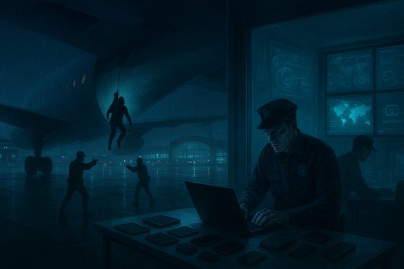 Security officer at a laptop as soldiers rehearse a rain-soaked rescue around a massive jet.