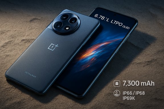 Blue OnePlus phone with a 7,300 mAh battery and LTPO OLED display resting on sand.