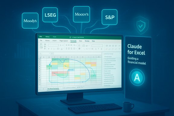 A desktop monitor displays an Excel-like spreadsheet amid Moody's, LSEG, and S&P branding.