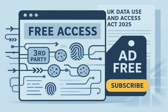 Techy illustration showing FREE ACCESS and AD FREE with a SUBSCRIBE option and UK Data Use and Access Act 2025.