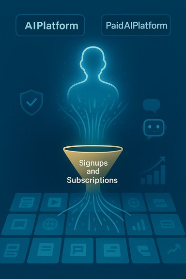 Blue tech infographic showing a funnel for signups and subscriptions from AIPlatform.