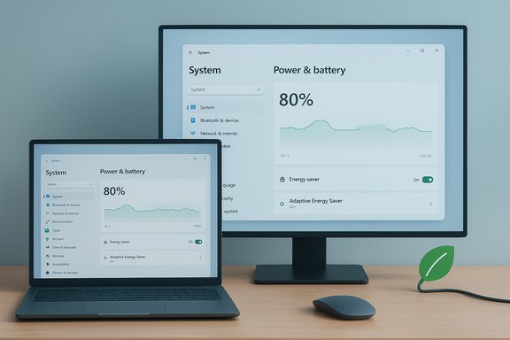 Laptop and desktop monitor display system settings with a power & battery panel at 80% and a usage graph.