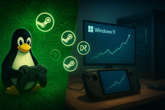 Tux the Linux penguin gamer with a controller, Steam icons glow as Windows 11 shows a rising graph.