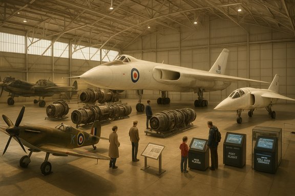 Inside a museum hangar, a large white RAF jet with roundel sits among exhibits and a smaller jet.