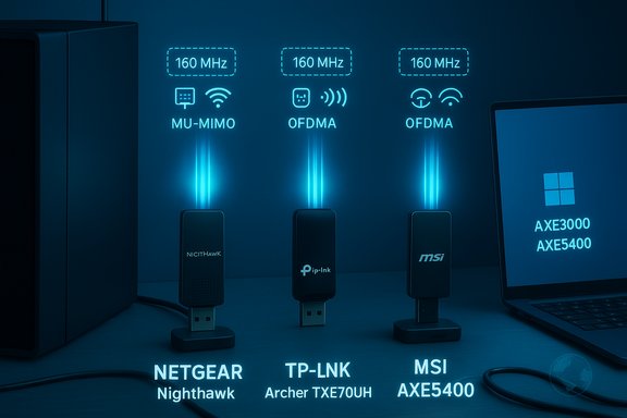 Three USB Wi‑Fi adapters (Netgear Nighthawk, TP‑Link Archer TXE70UH, MSI AXE5400) glow blue with 160 MHz.