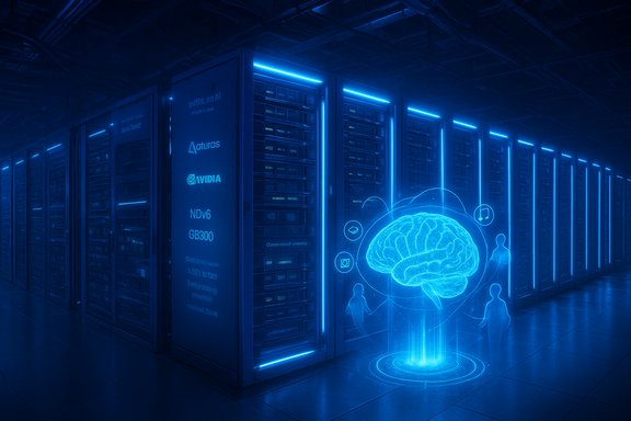 Blue-lit data center with server racks and a holographic brain representing AI.