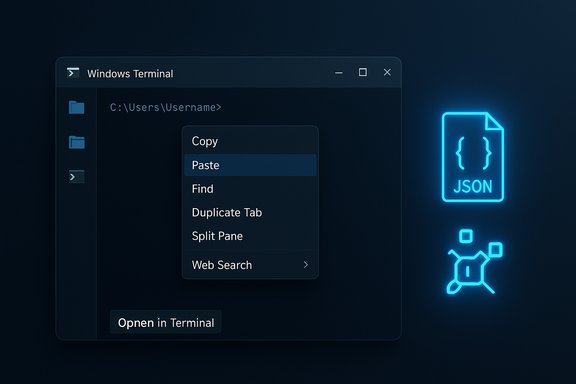 Dark Windows Terminal with a glowing JSON file icon on the right and a highlighted Paste option.