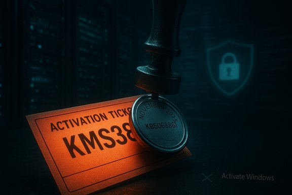 An orange activation ticket and stamp on a dark, techy background with a shield icon.