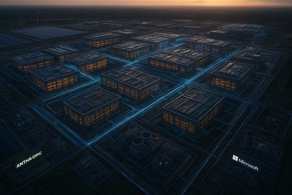 A sprawling data center campus at dusk, with glowing blue data conduits weaving between glass-walled buildings.