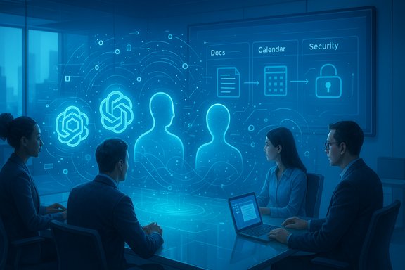 A team in a futuristic conference room analyzes a blue holographic data interface.