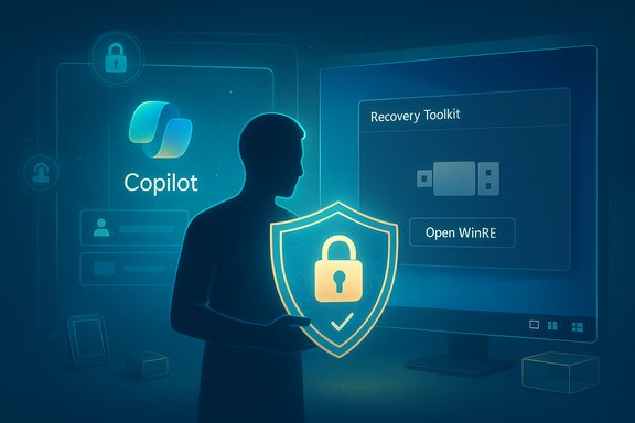 A silhouette stands before a blue digital interface featuring Copilot and a Recovery Toolkit shield.