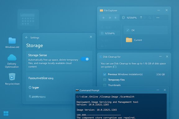 Blue-tinted Windows desktop with translucent settings and overlapping file-management panels.