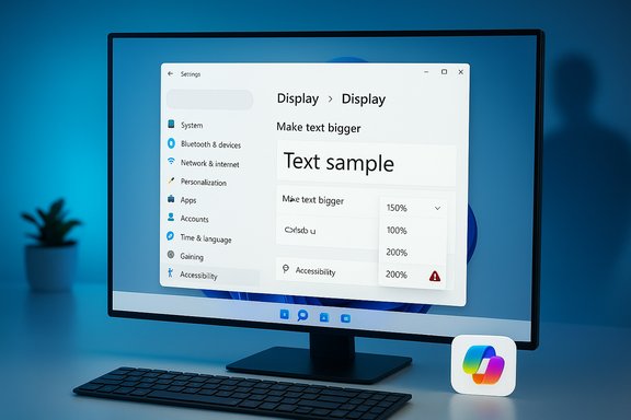 A desktop monitor displays Windows Settings for Display, showcasing text size options.